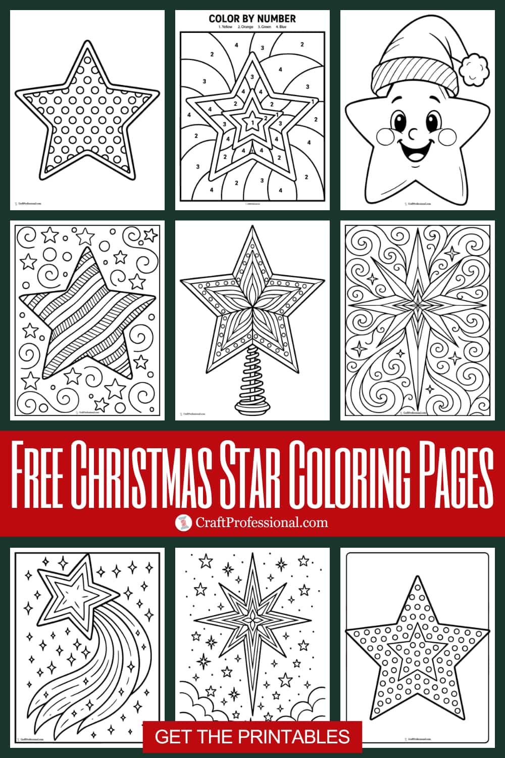 A collage of printable Christmas star coloring pages with the text overlay 'Free Christmas Star Coloring Pages.' Includes a mix of simple stars, nativity stars, and decorative holiday designs to download and color.