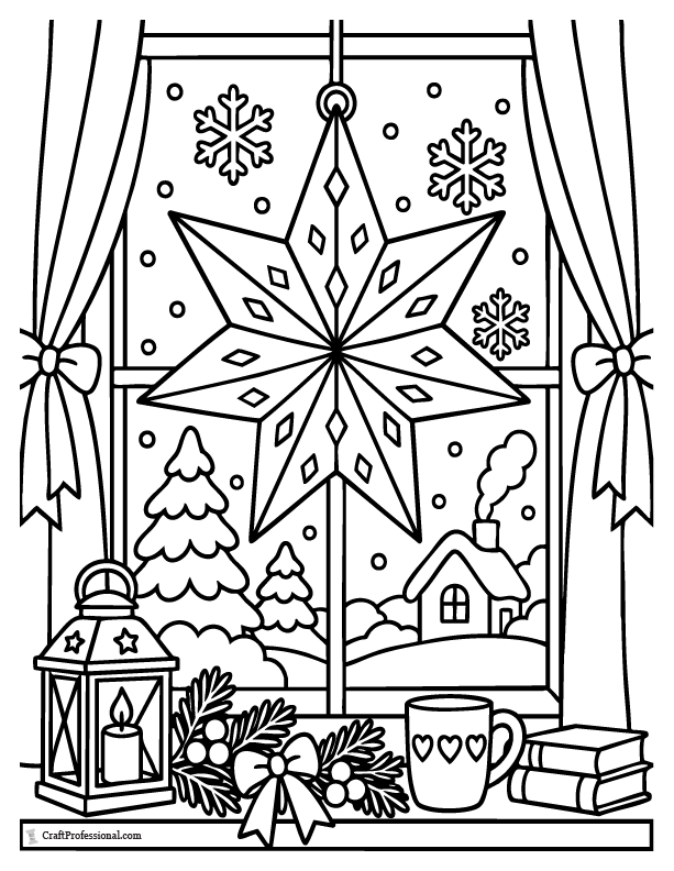 Christmas star lantern hanging in a snowy window coloring page.