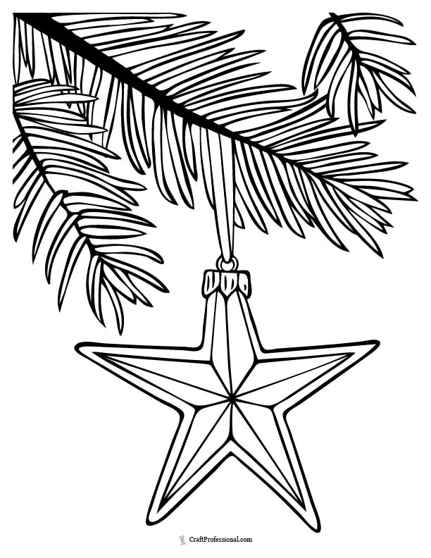 Star shaped Christmas ornament on evergreen branch coloring page
