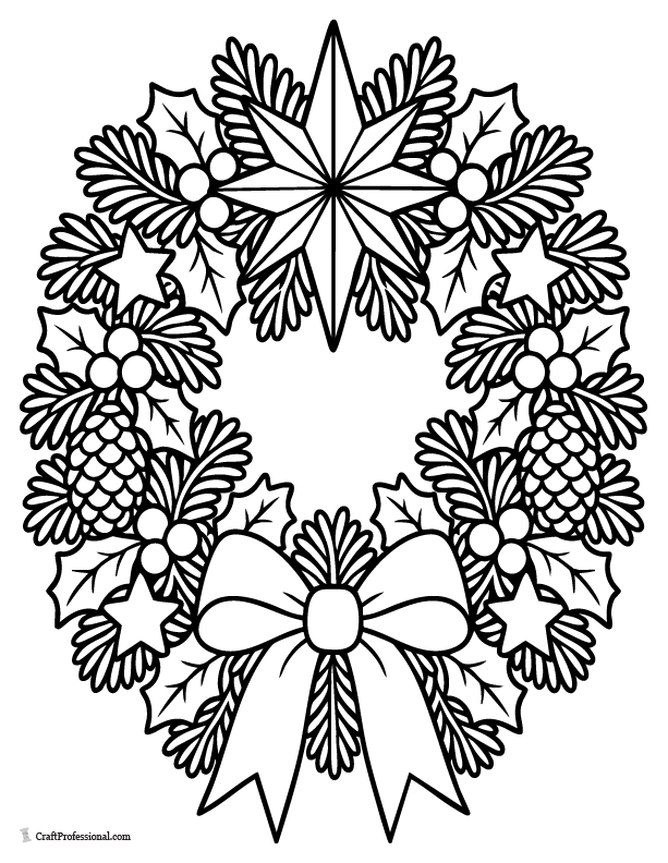 Christmas star wreath coloring page with evergreen branches, berries, and ribbon.