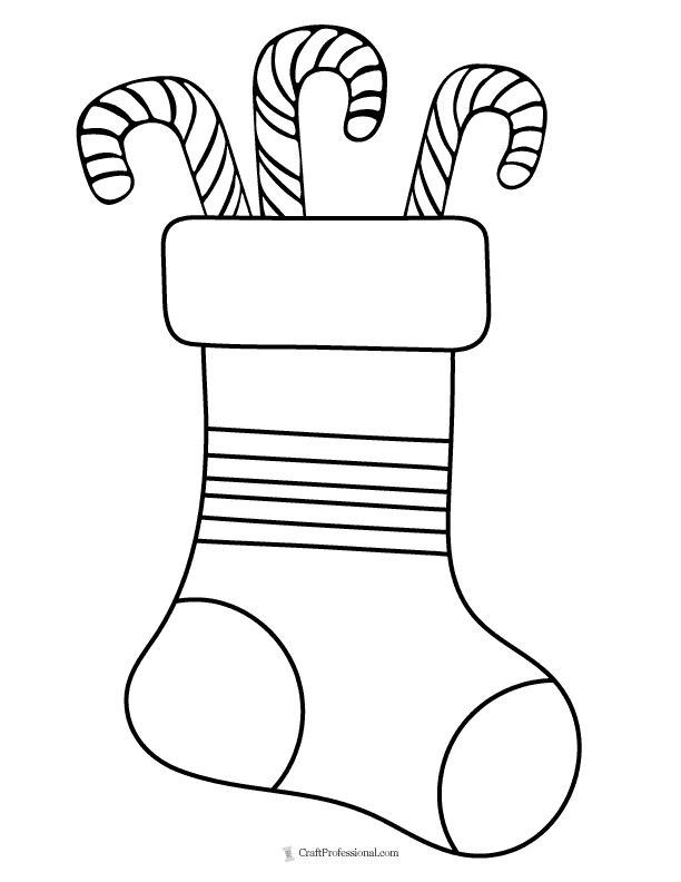 Christmas stocking coloring page with one large stocking filled with three candy canes in a simple design.