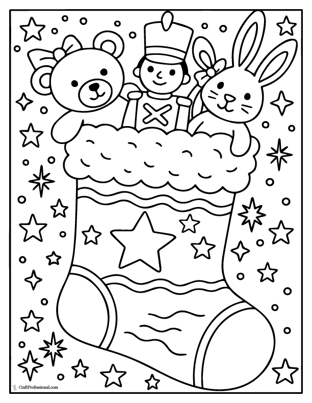 Close-Up Christmas stocking with toys, coloring page.