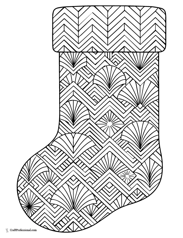 Art deco geometric stocking, intricate coloring page.