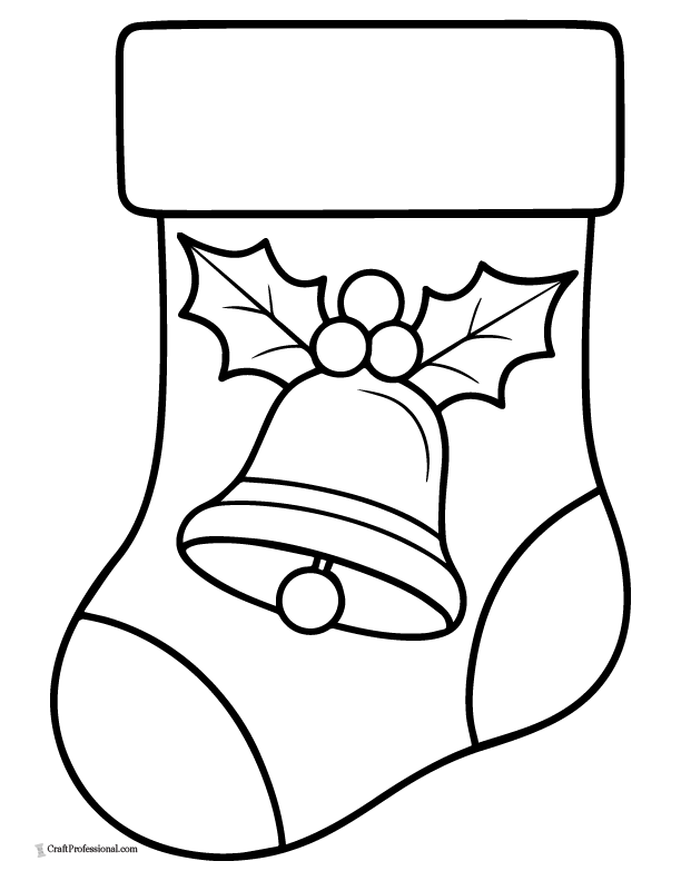 Simple stocking with one bell and two holly leaves, coloring page.