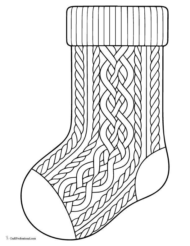 cable knit stocking, adult detailed coloring sheet.
