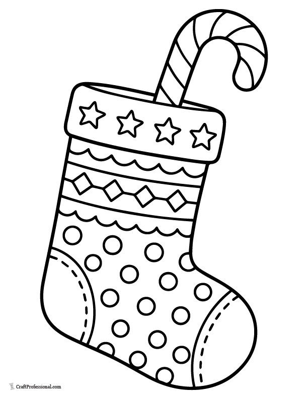 simple stocking with candy cane coloring page for kids