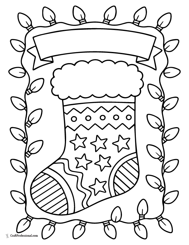 Christmas stocking with a simple light-bulb garland framing a blank banner for a handwritten name, coloring page.