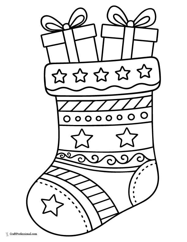 stocking with two gifts coloring page for kids, simple