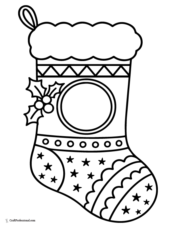 Christmas stocking with a circular area for a handwritten monogram, personalized coloring page.