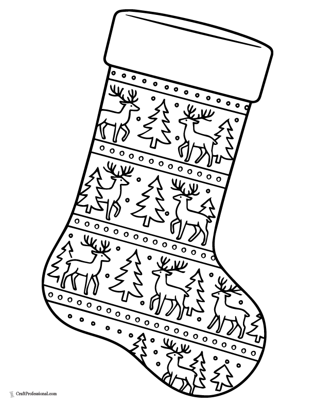 Nordic reindeer pattern stocking, adult coloring page.