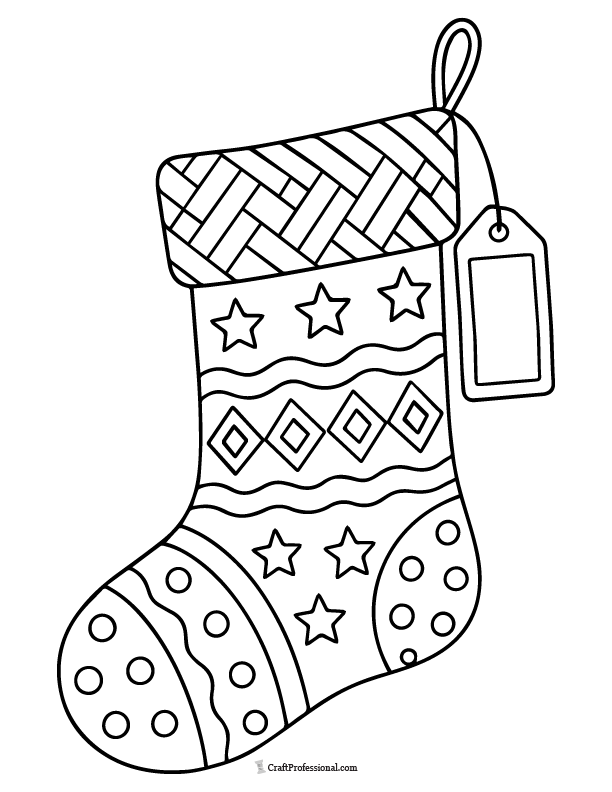 Christmas stocking with a hanging tag with a blank area for a handwritten name, coloring page.