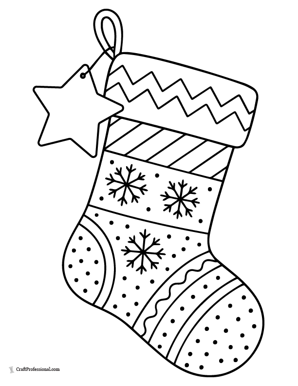 Christmas stocking with a star-shaped tag with a blank area large enough for a handwritten name hanging from loop, coloring sheet. 