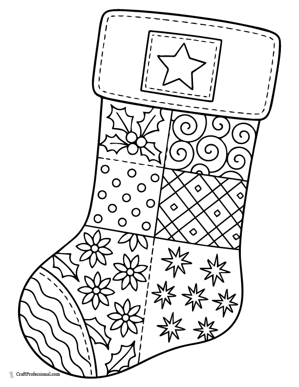 Quilted stitch panel stocking, adult coloring page.