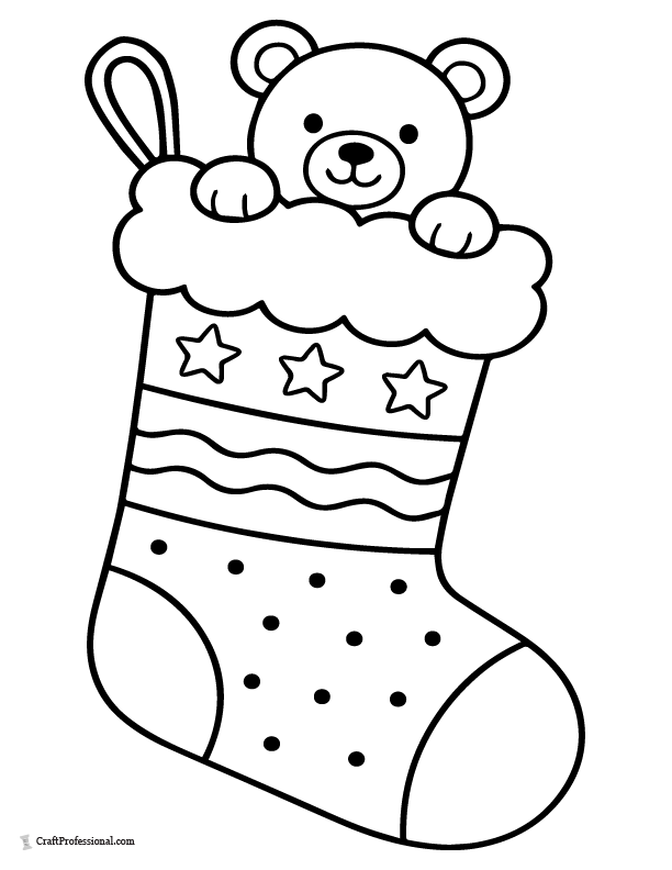 stocking with teddy bear coloring page for kids