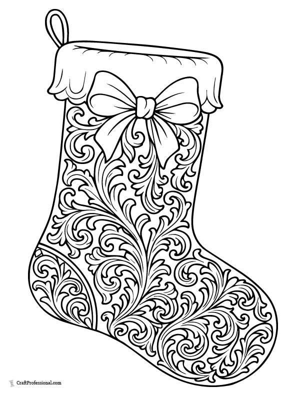 Victorian scrollwork stocking, detailed coloring page.