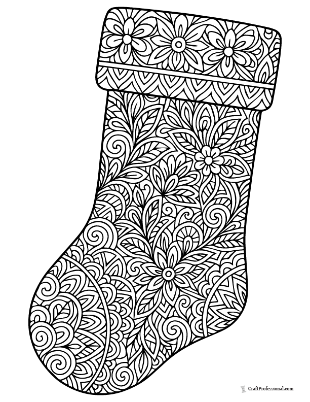 Zentangle patchwork stocking, detailed coloring page.