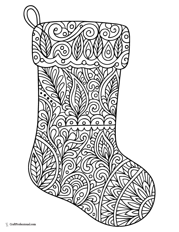 Zentangle style Christmas stocking, detailed coloring sheet.