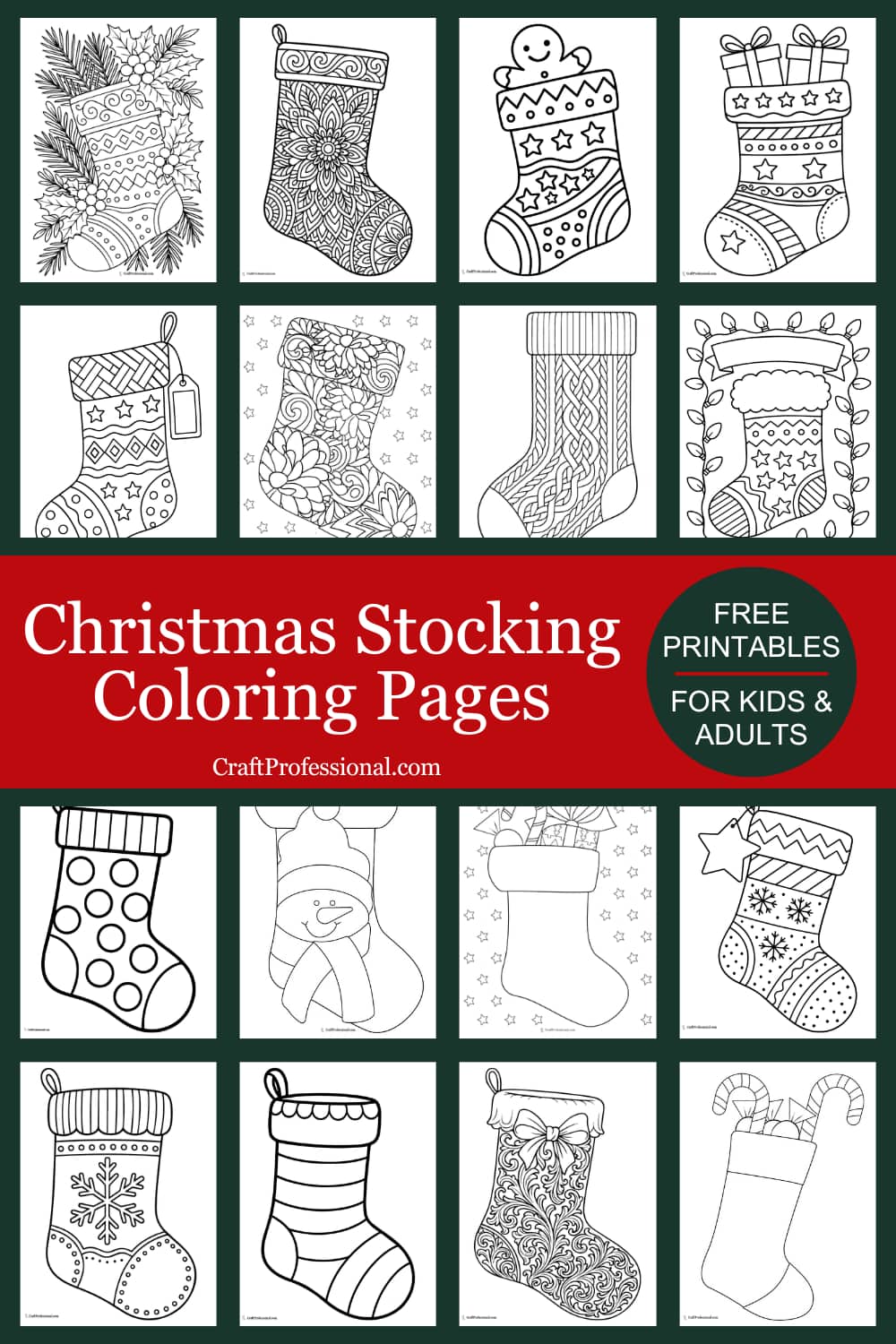 Collage of black-and-white Christmas stocking coloring pages—simple kids designs and detailed adult patterns—with text overlay: "Christmas stocking coloring pages, free printables for kids & adults."