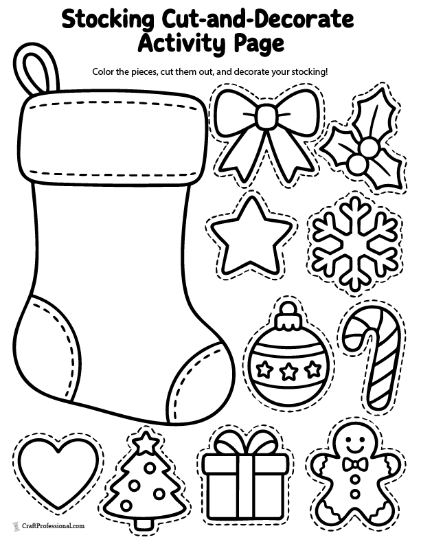 Christmas stocking cut-and-decorate activity with a large stocking and printable holiday decorations.