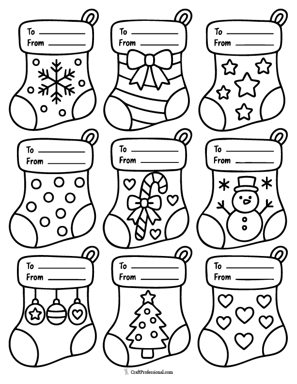 Nine mini Christmas stocking gift tags to color with assorted holiday patterns and space for names.