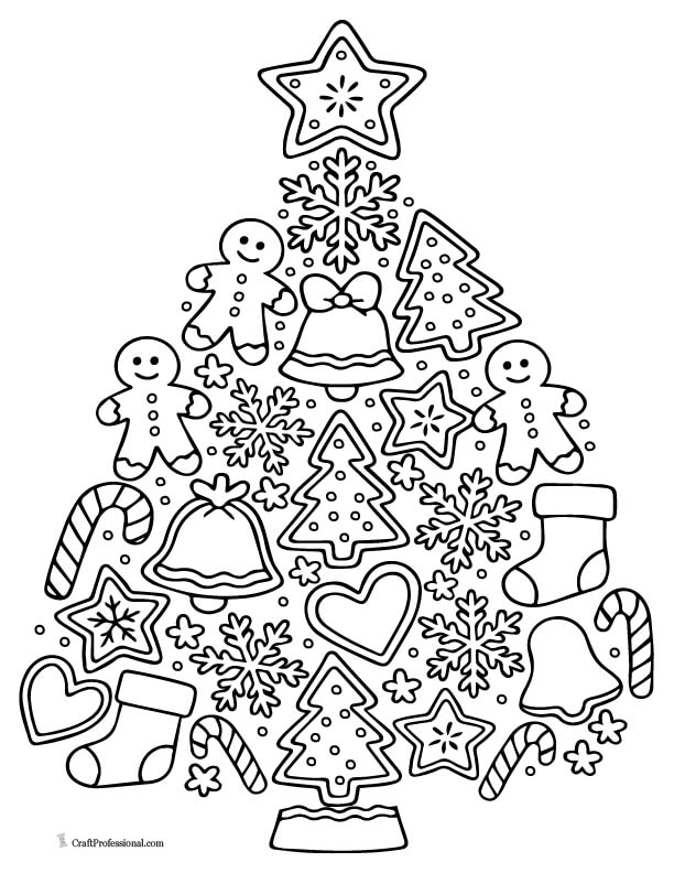 Christmas tree outlined in holiday cookie shapes coloring page