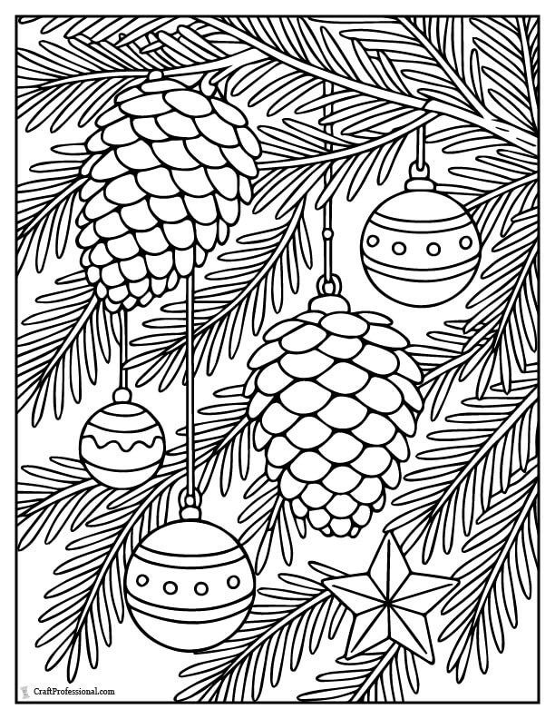 Close-up of a decorated evergreen tree branch with pine cones coloring page
