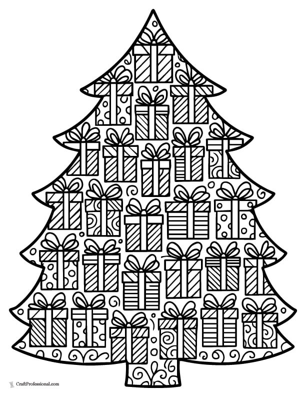 Christmas tree silhouette filled with gift patterns detailed coloring page for adults