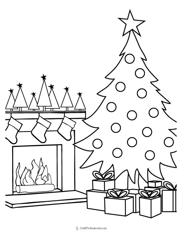 Coloring page: Christmas tree beside a fireplace with stockings hanging on the mantel.
