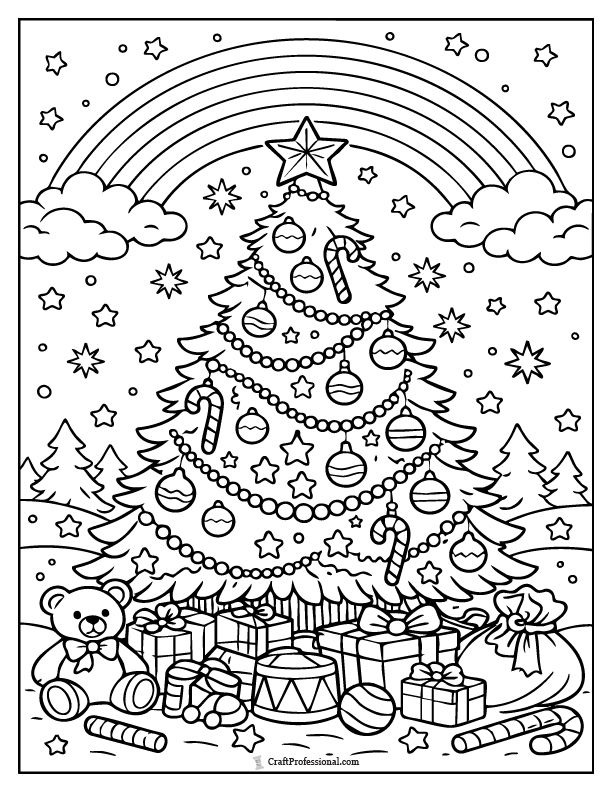 Christmas tree decorated with rainbow lights and candy canes in a holiday coloring page.
