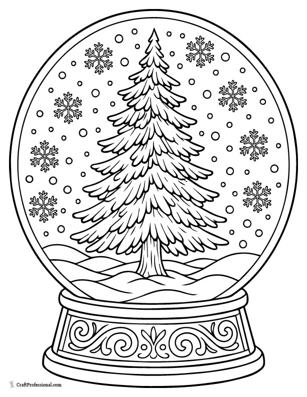 Evergreen tree scene with a snow globe effect to color