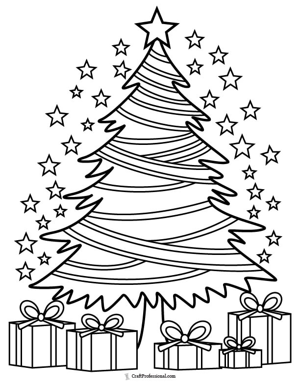 Detailed Christmas tree with presents coloring page