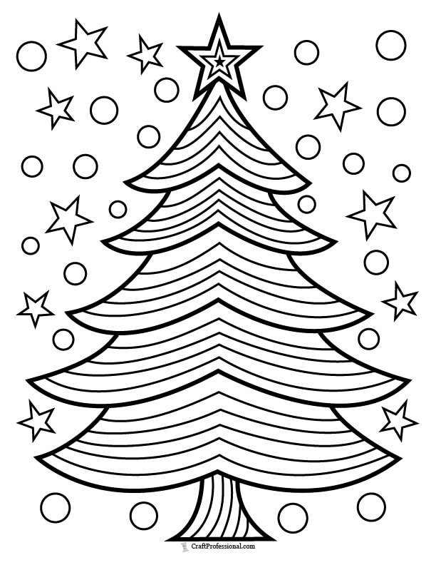 Patterned Christmas tree surrounded by snow and stars coloring page