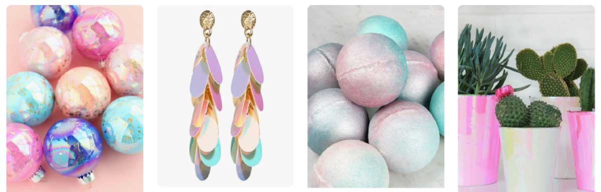 Handmade iridescent jewelry, bath bombs, plant pots, and Christmas ornaments.