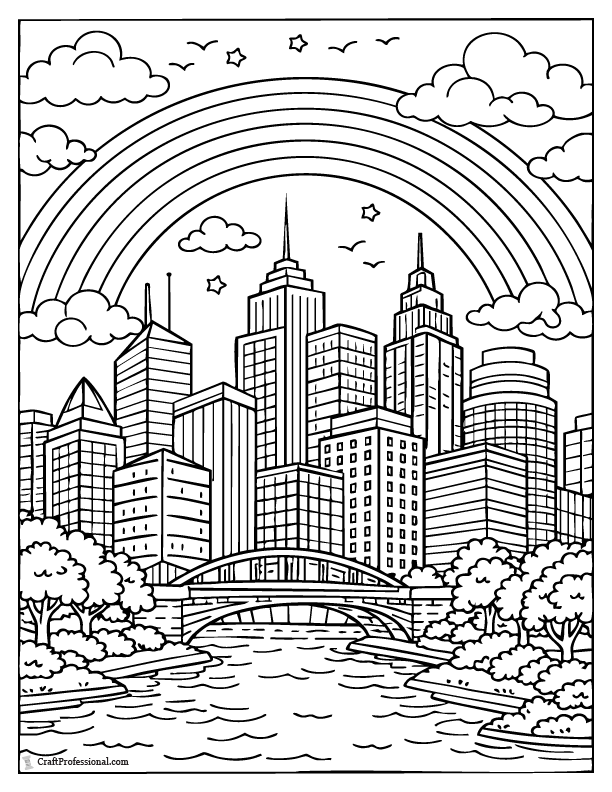 Urban skyline coloring page with a rainbow arching above tall city buildings.