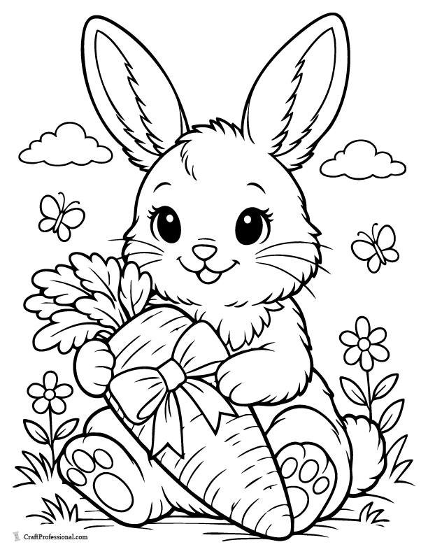 Classic Easter bunny coloring page of a bunny holding a large carrot tied with a bow.