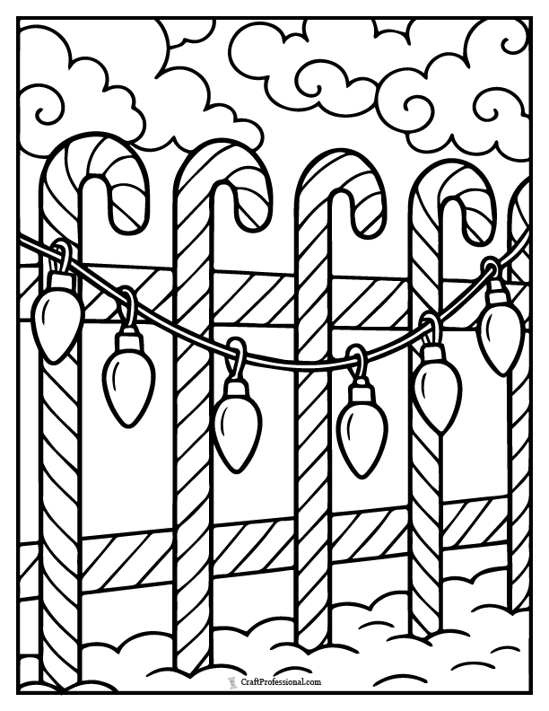 Christmas lights on a candy cane fence coloring page.