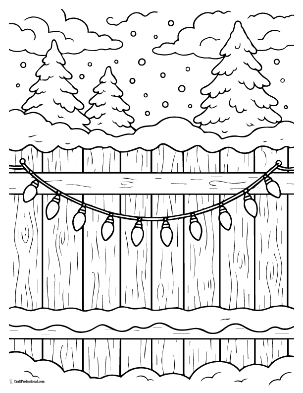 Backyard fence with Christmas lights to color.