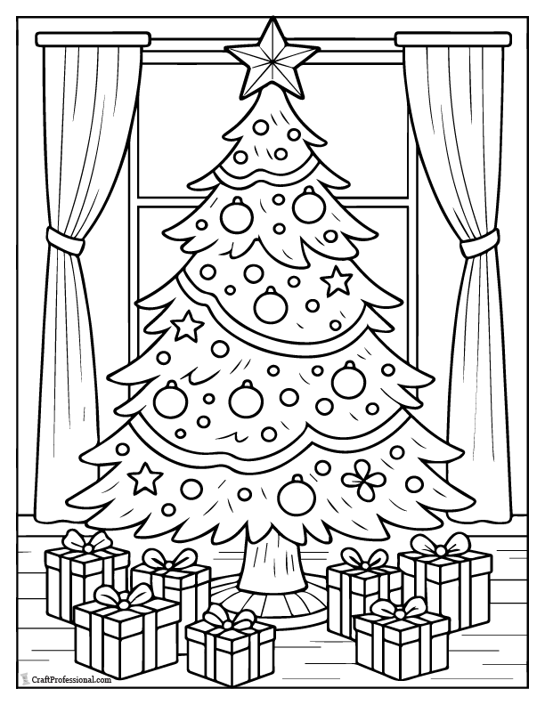 Classic decorated Christmas tree, coloring page.