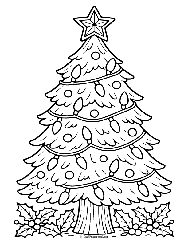 Christmas tree wrapped in lights to color.