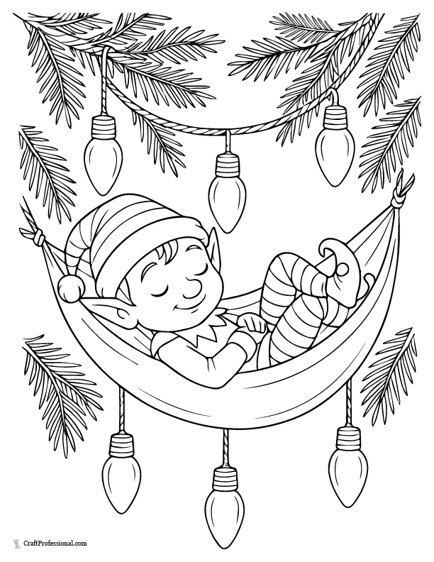 Elf sleeping in a Christmas light bulb hammock coloring sheet.