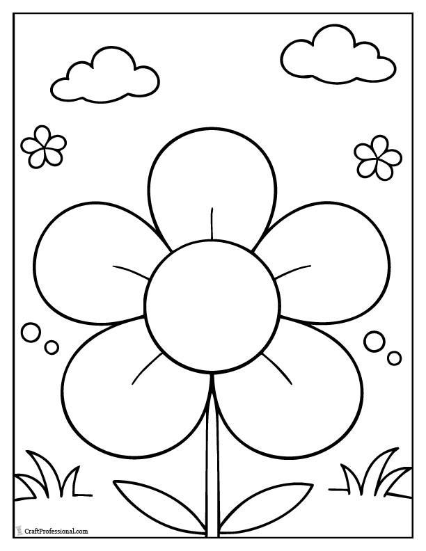Classic five petal flower coloring page with large round center.