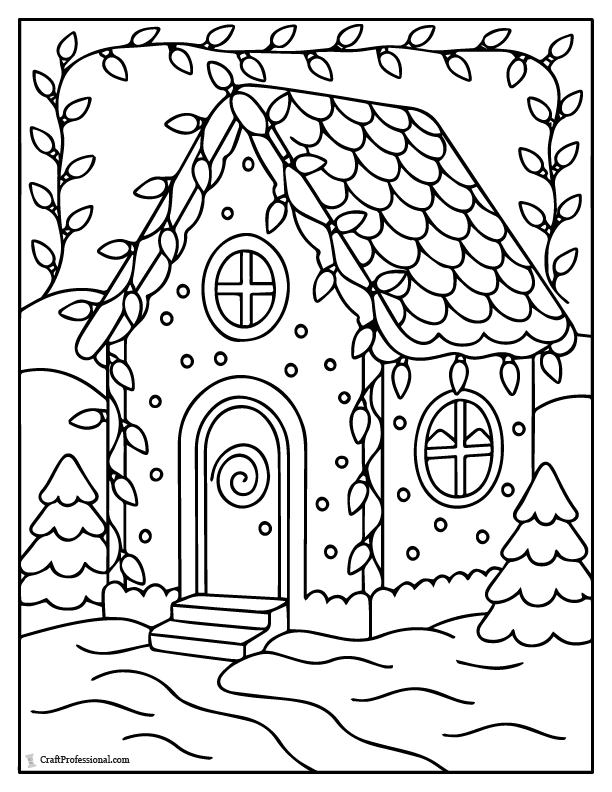 Gingerbread house outlined in Christmas lights coloring page.