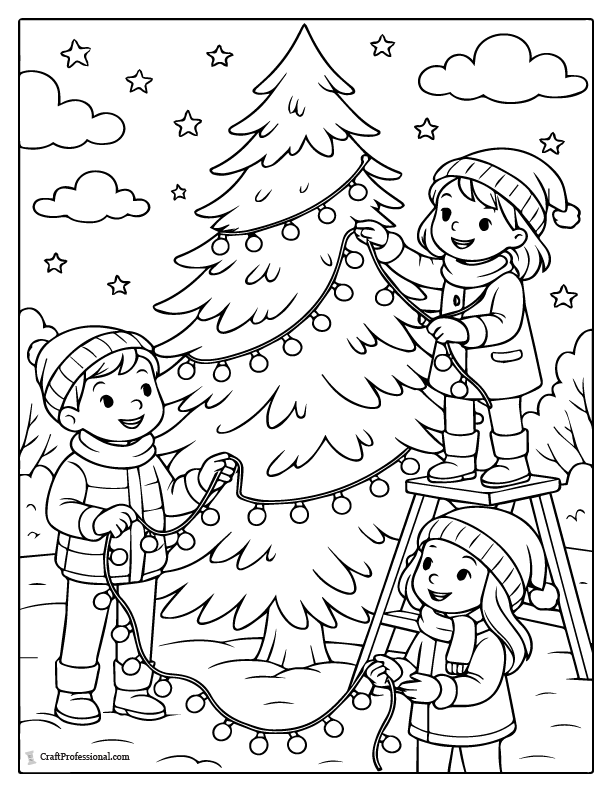 Kids decorating a tree with Christmas lights coloring sheet.