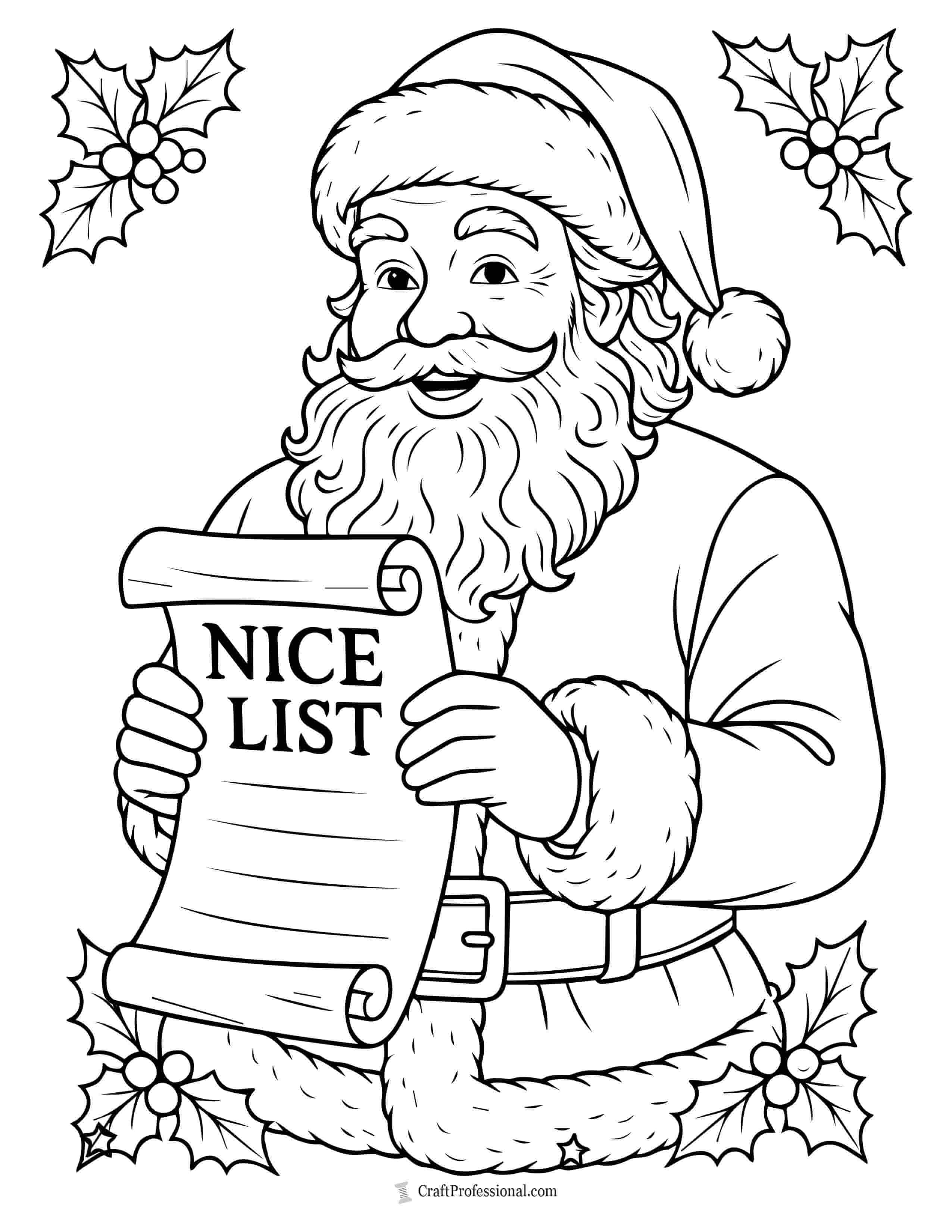 Santa holding a "Nice List" scroll coloring page
