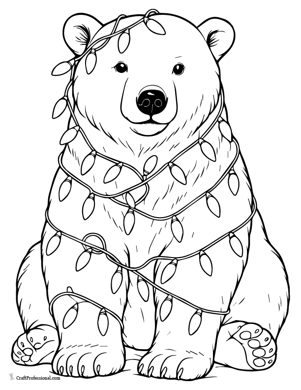 Polar bear wrapped in Christmas lights coloring page.