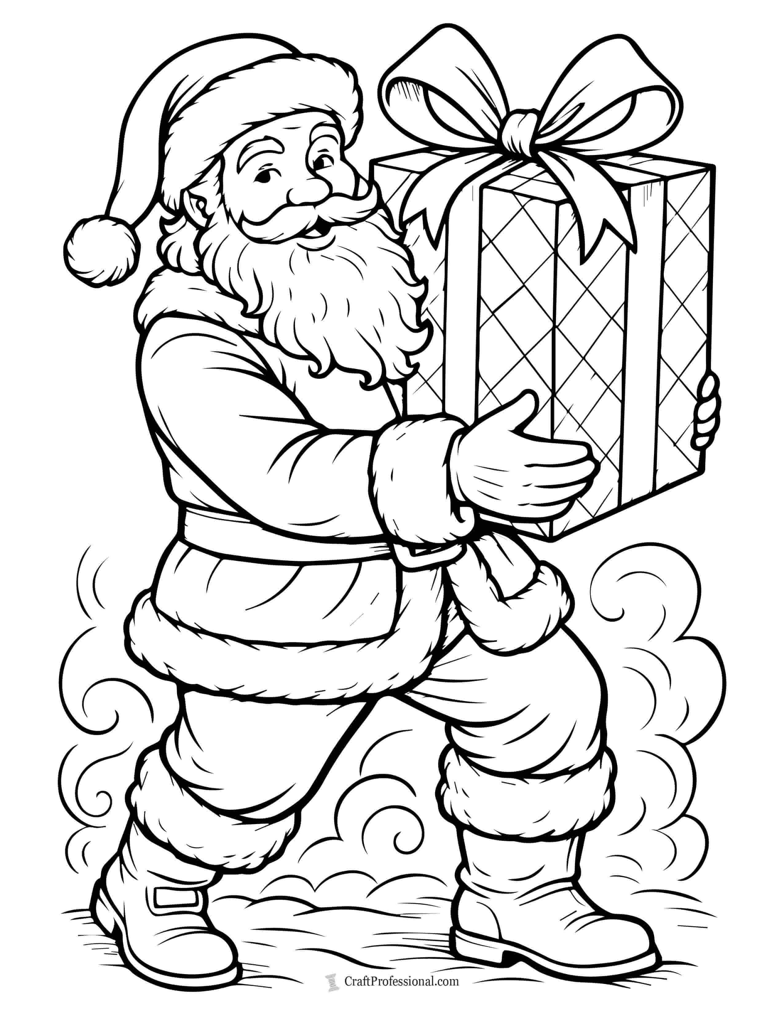 Santa carrying a huge gift box in his arms coloring page