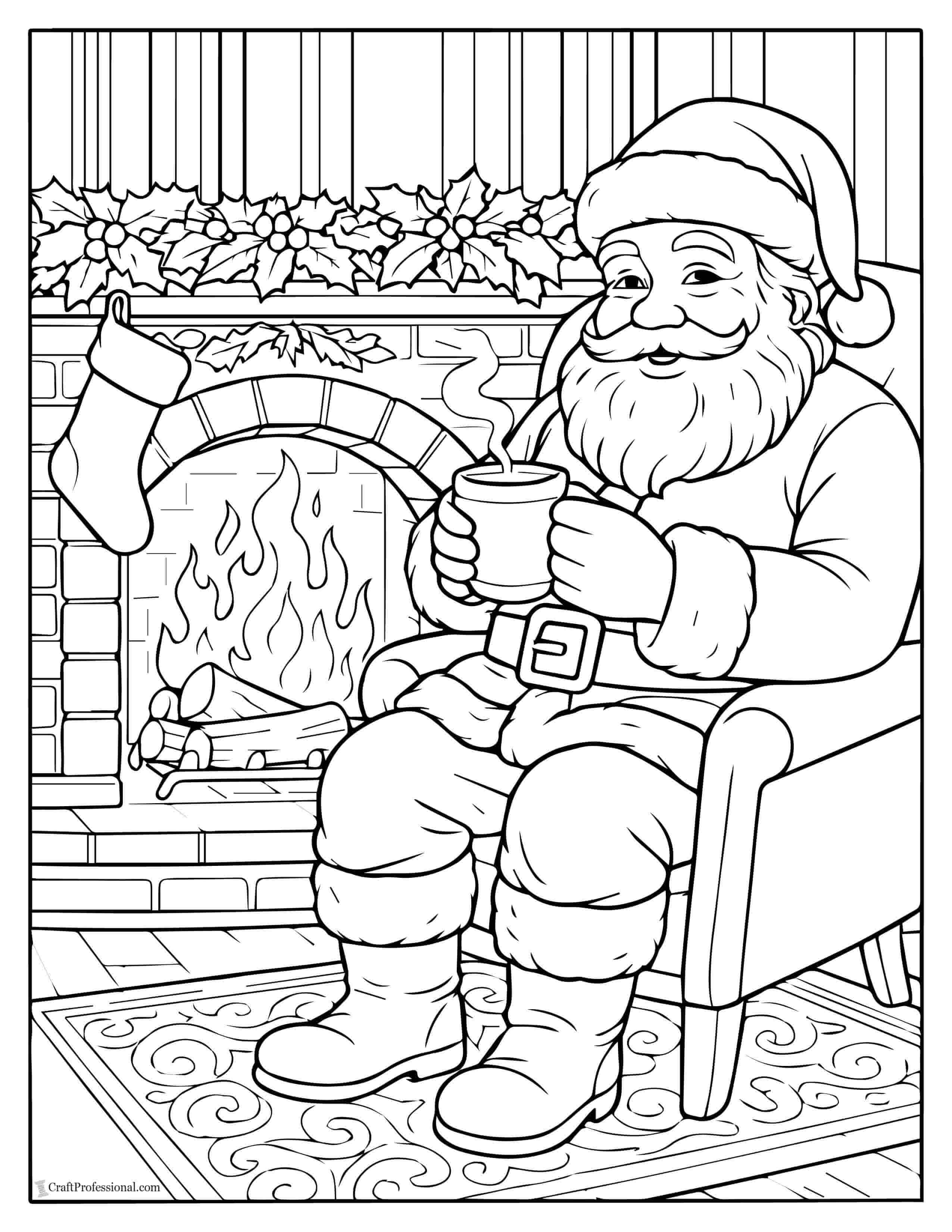Santa sitting by a fireplace coloring page