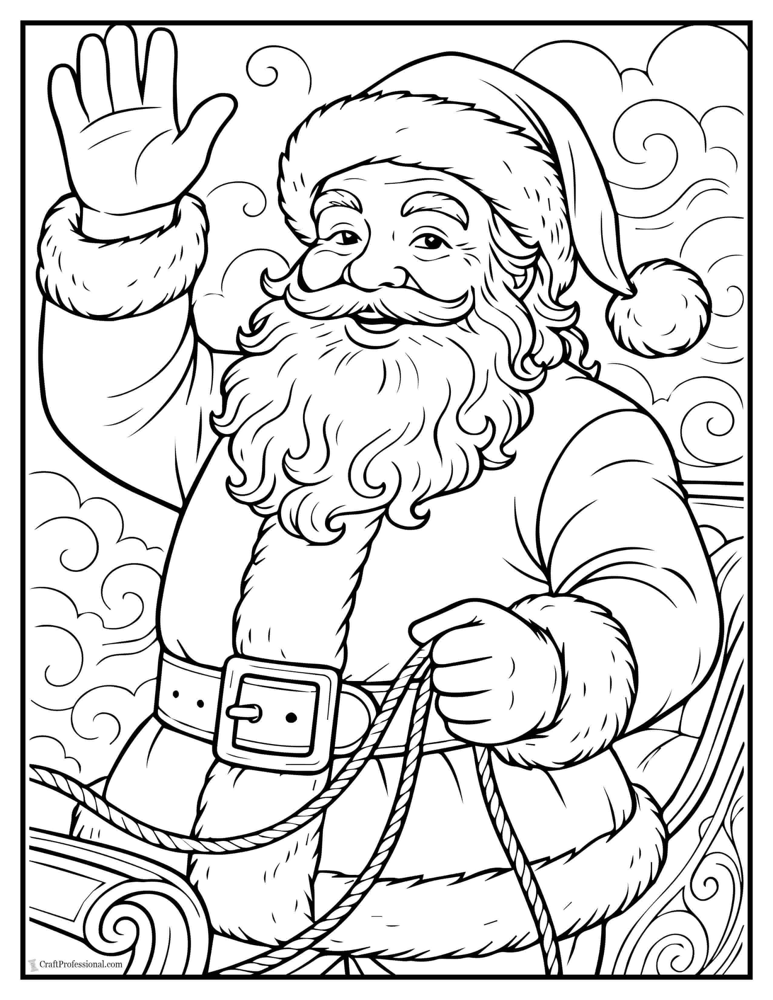 Santa waving with one hand, holding sleigh reins in the other coloring sheets
