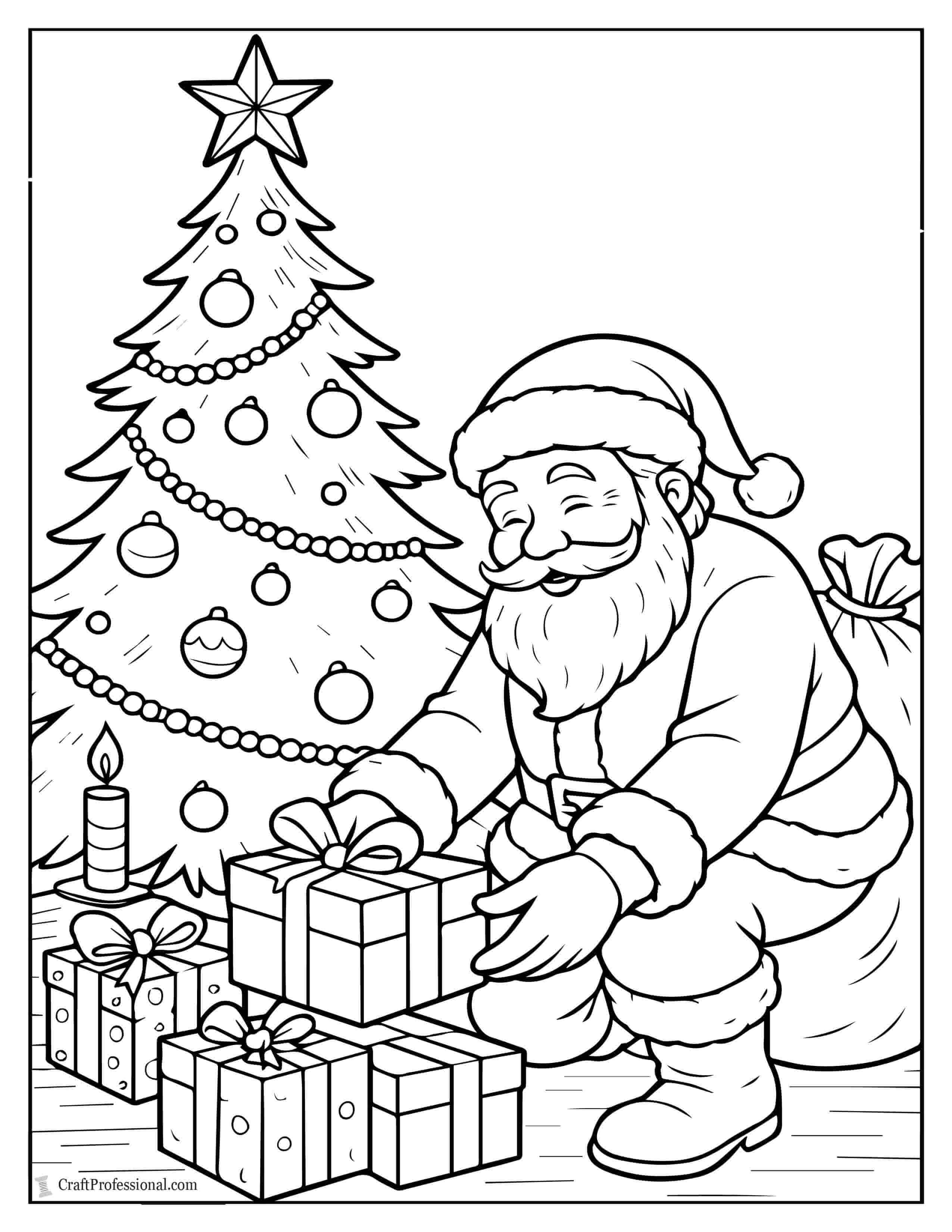 Santa putting presents under a Christmas tree coloring page