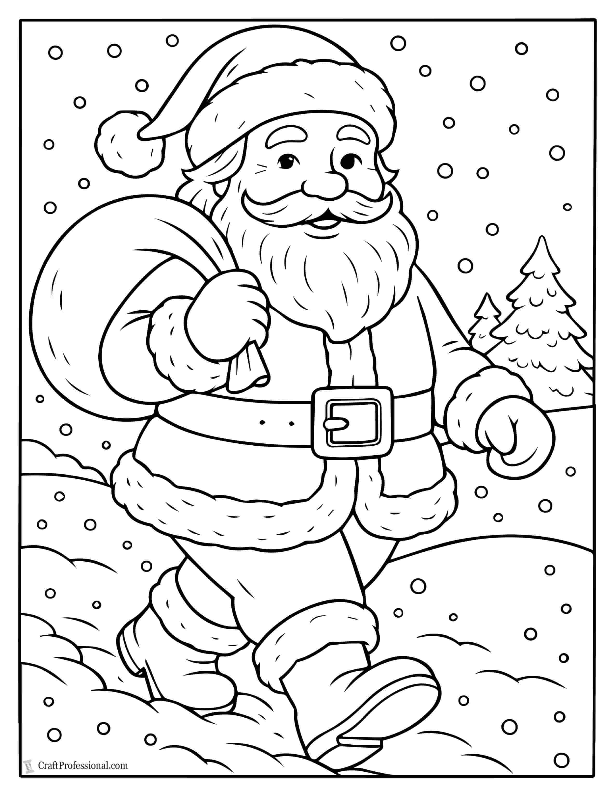 Santa walking through snow coloring sheet